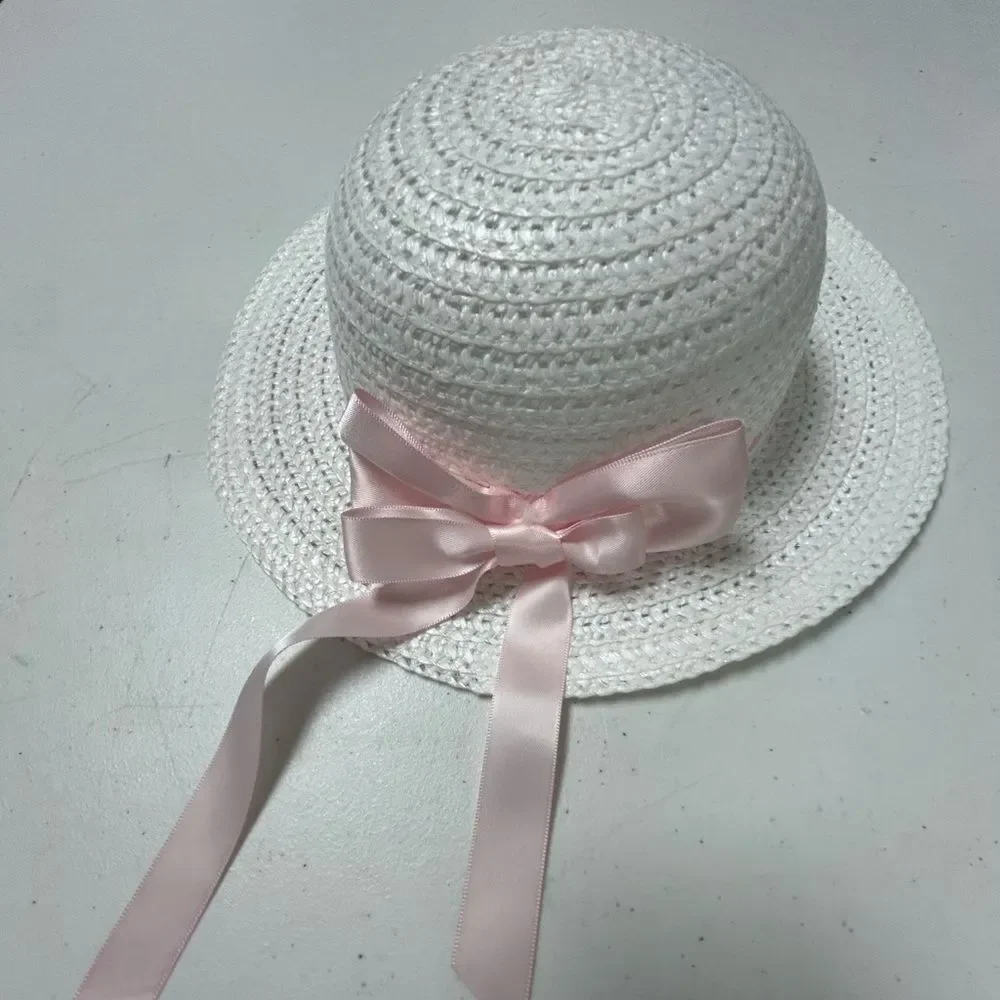 NWT Strasburg White Hat with Pink Ribbon girls Size Small 2-4